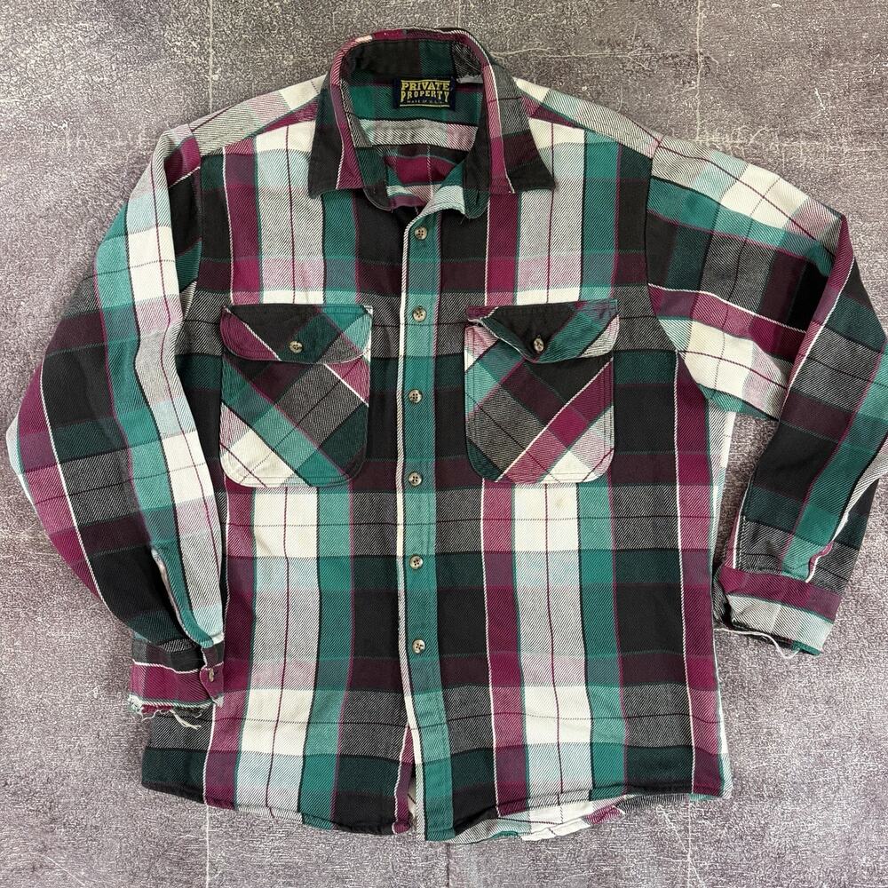 Men's Vintage 90's Private Property USA Green Purple Flannel Shirt Jacket Sz M